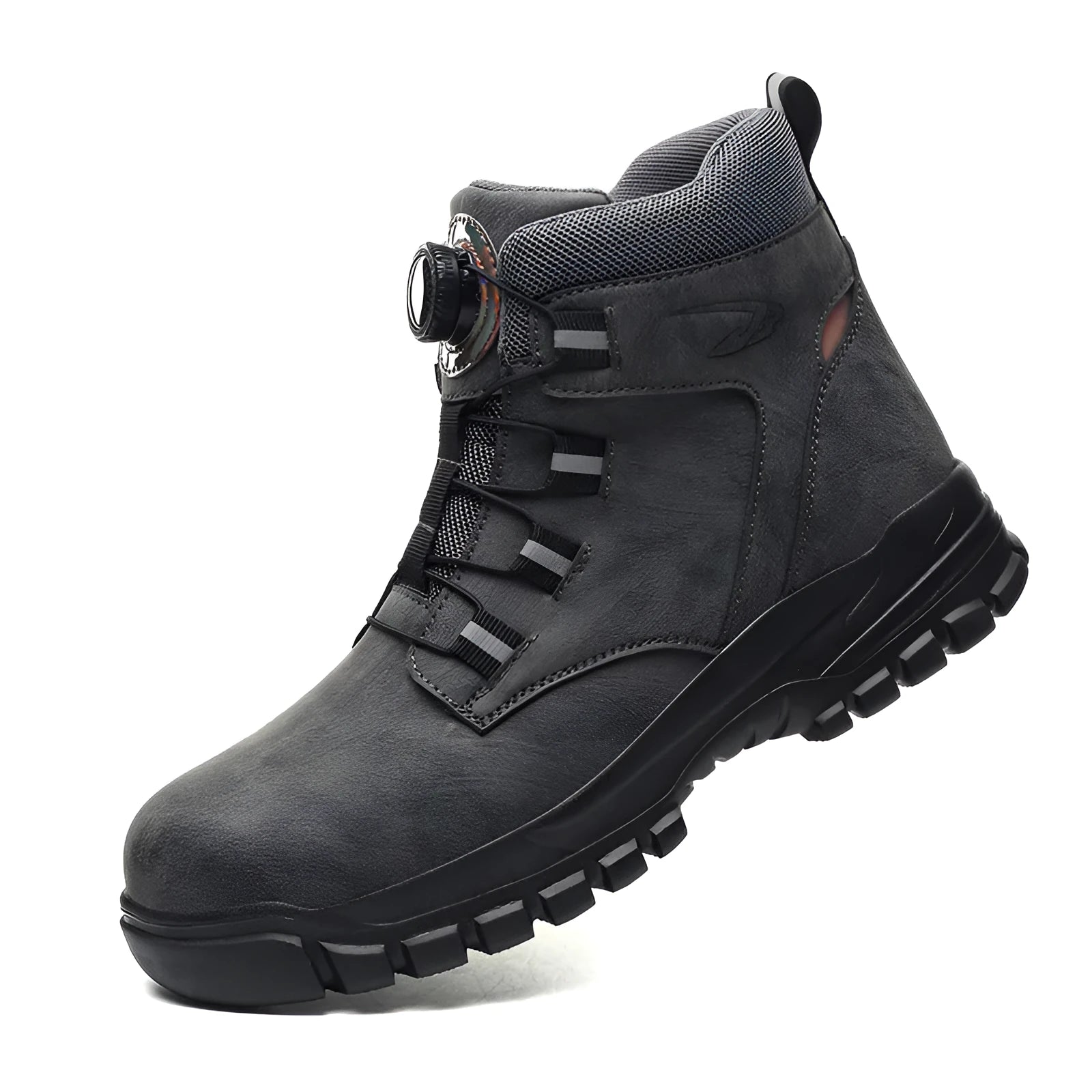Men's leather safety work shoes with a rubber sole, shown in black, yellow, and grey colour options.
