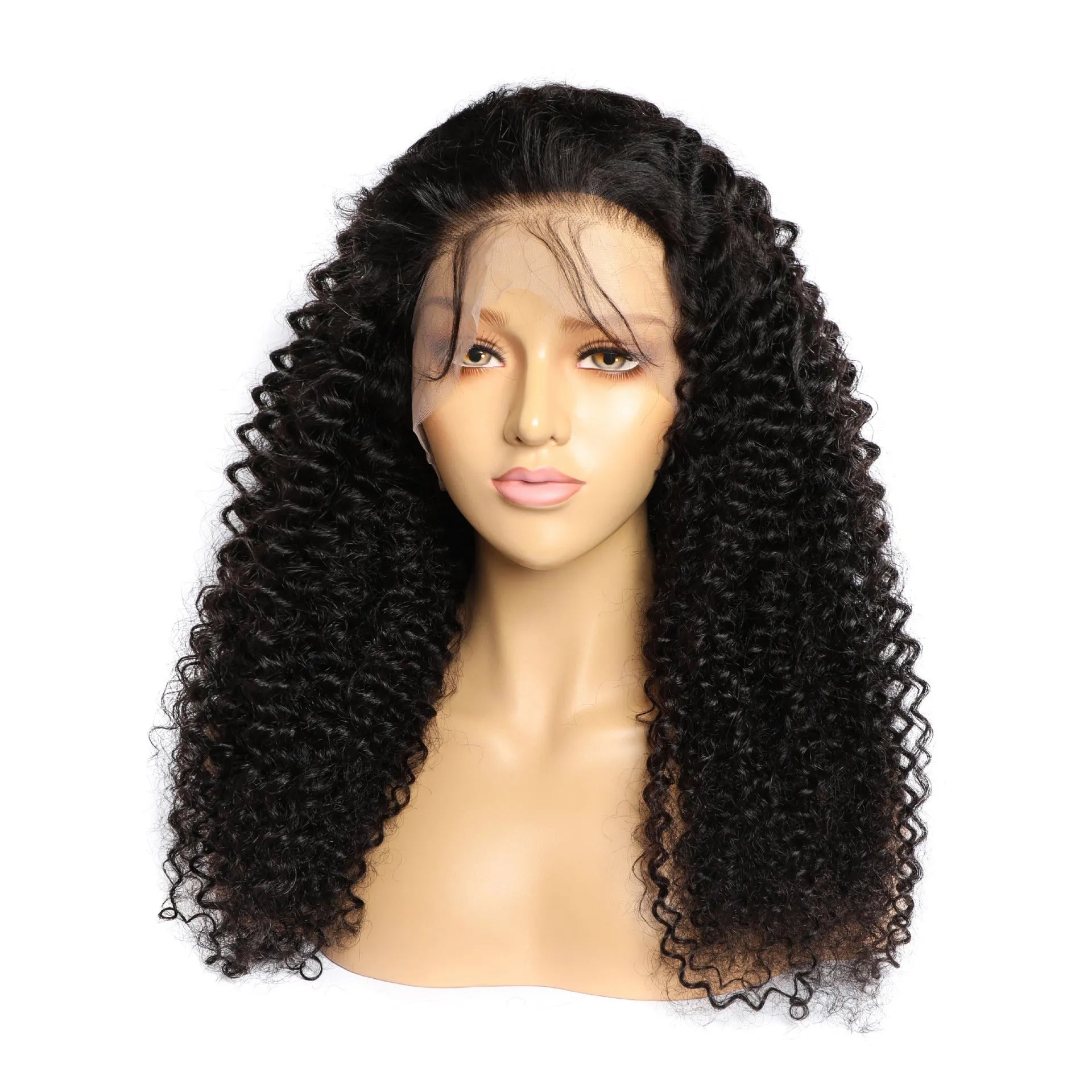 Curly human hair wig with lace front in various lengths showing natural texture and hand-woven construction