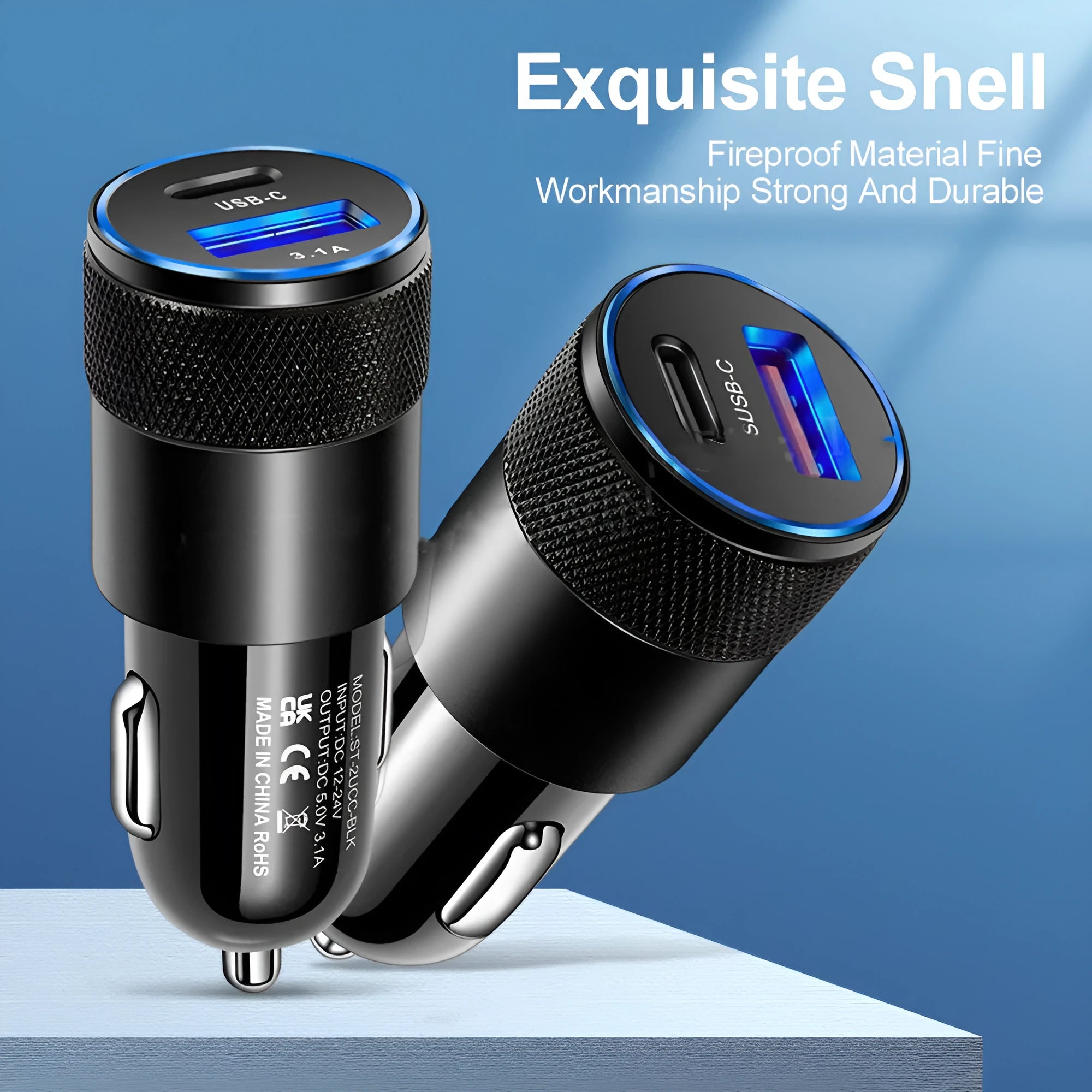 Aluminium alloy 12V car charger with ABS casing in black or black silver finish