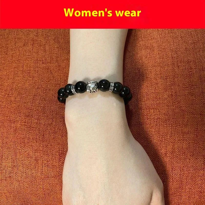 Natural obsidian stone bracelet with cloud pattern, showing 10mm and 12mm bead size options.