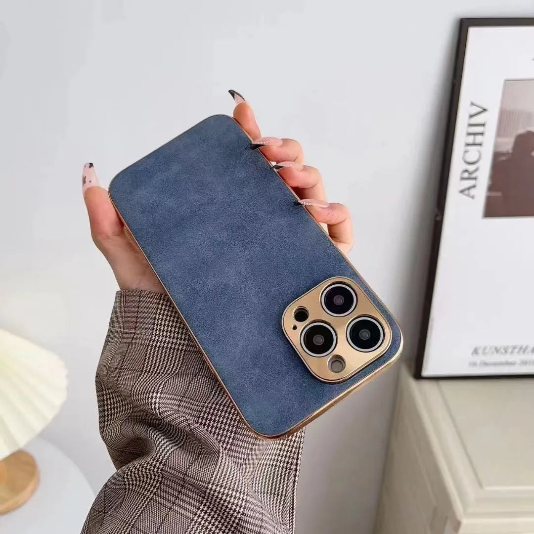Leather texture iPhone case in grey, black, blue, and grey-green colours, shown on a compatible iPhone model.