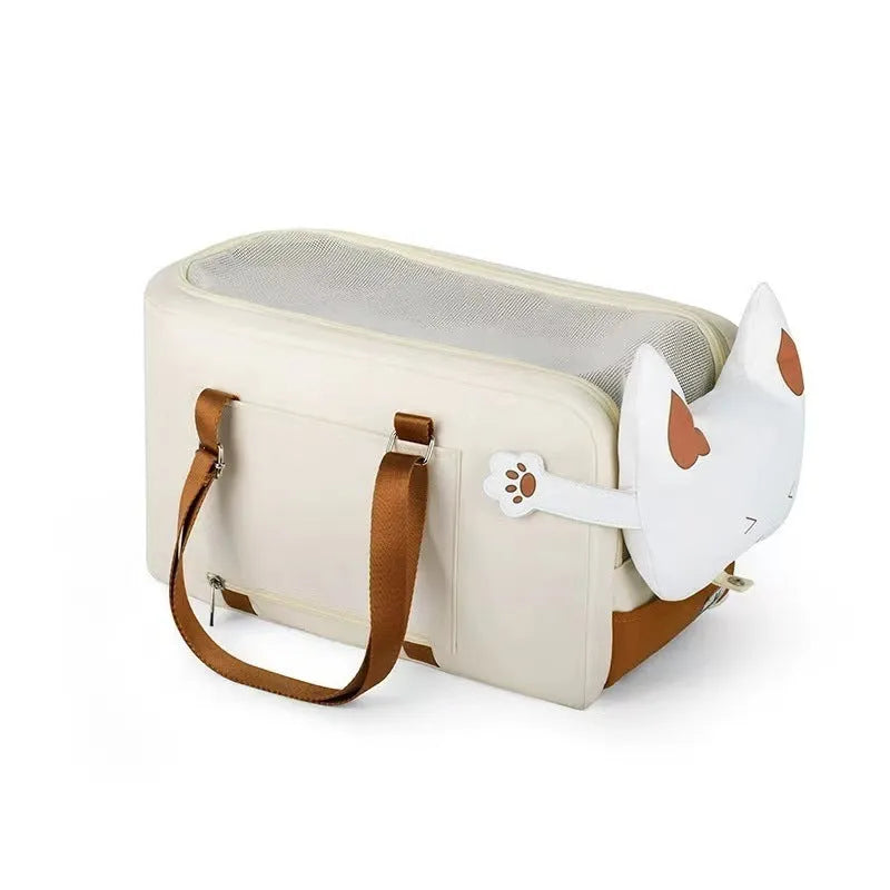 Beige hard-shell EPE padded portable cat carrier with one shoulder strap, shown next to measurements.