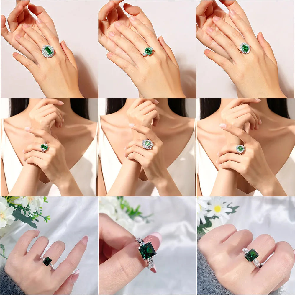 S925 silver geometric ring with oval emerald-inspired stone and high carbon diamond details on finger