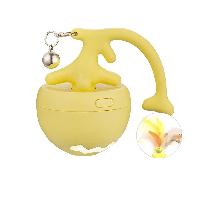 USB electric cat teasing ball with fish bone design rolling on floor, includes replaceable teasing stick