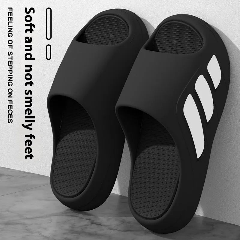 Men's brown and two-tone EVA platform slippers for indoor home use on a plain background