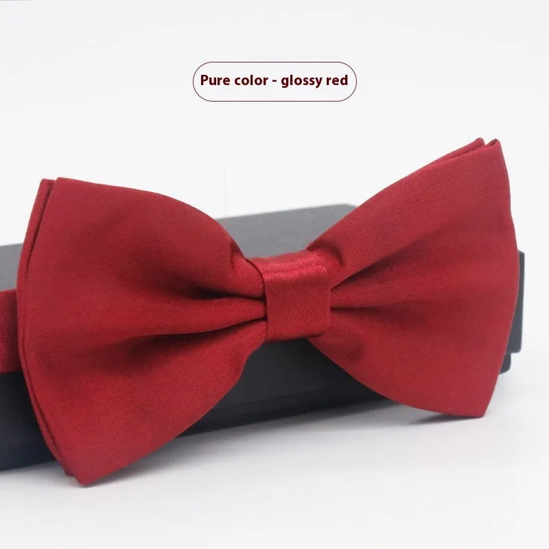 Men's solid colour flat head polyester bow tie showing 12cm by 6cm dimensions.