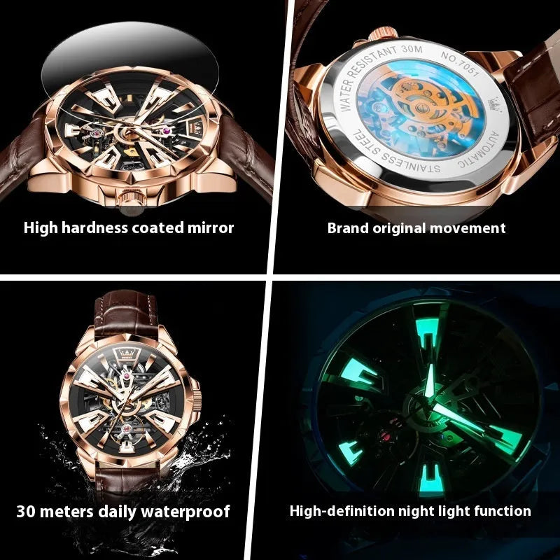 Men's automatic mechanical watch with skeleton dial showing visible movement through transparent case back