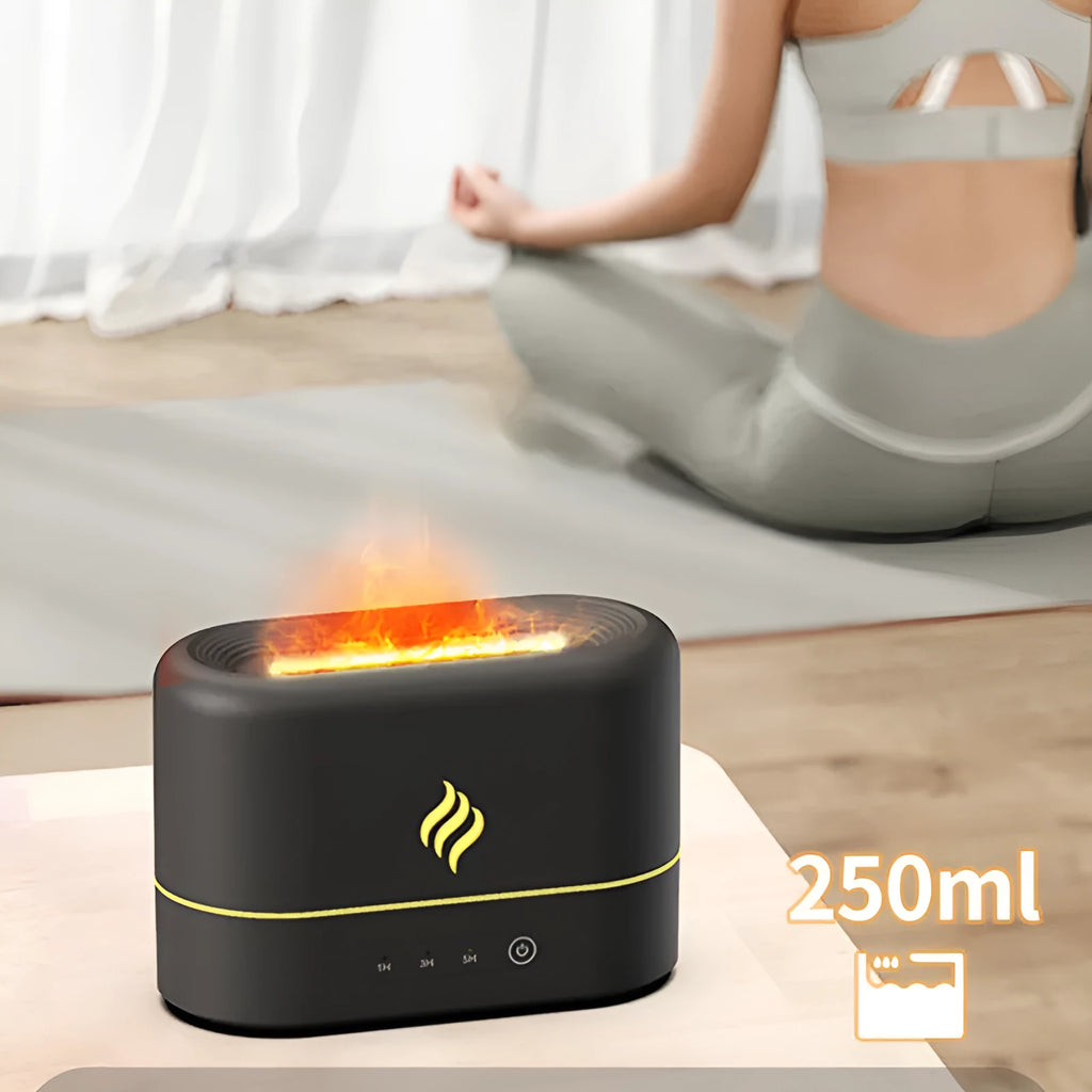 Black USB humidifier with seven-colour flame effect on wooden surface