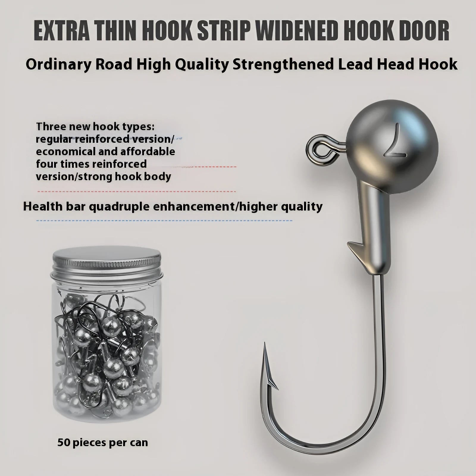 50 piece enhanced jig hook fishing gear pack with reinforced steel construction and primary colour design