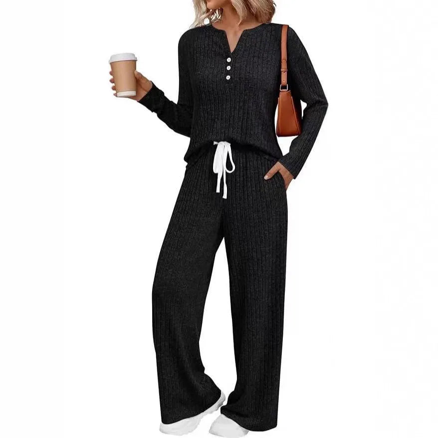 Women's V-neck striped knit long coat with lace-up details and matching pants in light grey colour