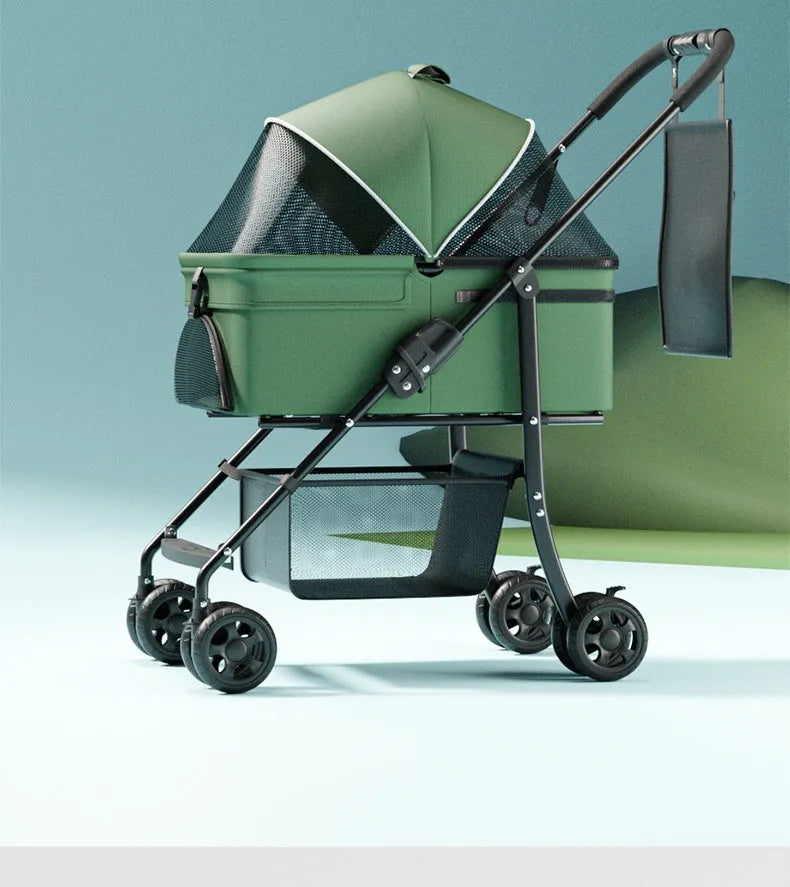 Black one-click folding detachable pet cart with metal frame shown folded and unfolded