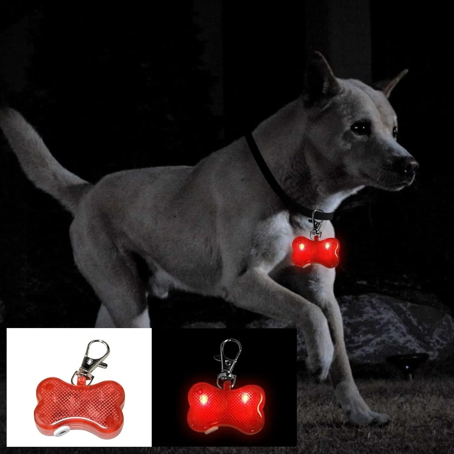Blue LED luminous bone-shaped pendant for pet collars showing three light modes.