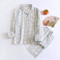 Ladies' cotton gauze homewear two-piece set in colour stripes pattern with long sleeves and trousers
