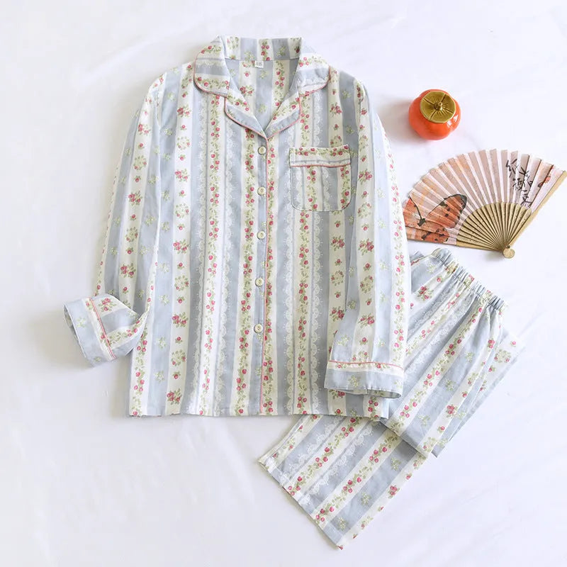 Ladies' cotton gauze homewear two-piece set in colour stripes pattern with long sleeves and trousers