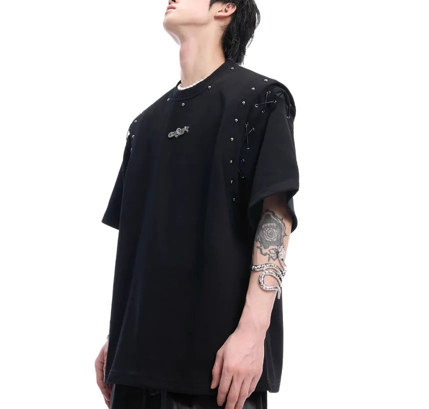 Men's black short sleeve t-shirt with lace-up front detail and cutout side panels