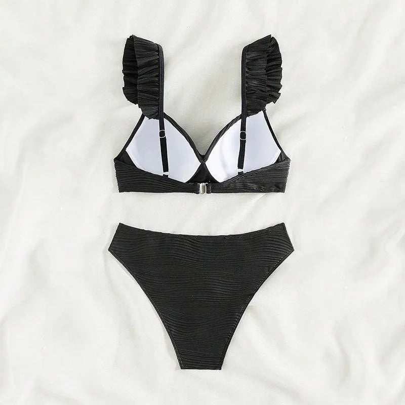 Women's solid colour bikini swimsuit set in black or khaki, made from polyester fabric.