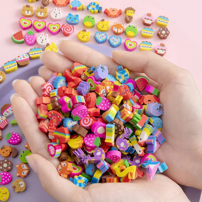 50 colourful cartoon mini erasers in fruit animal cake and seasonal designs measuring 1-1.5cm