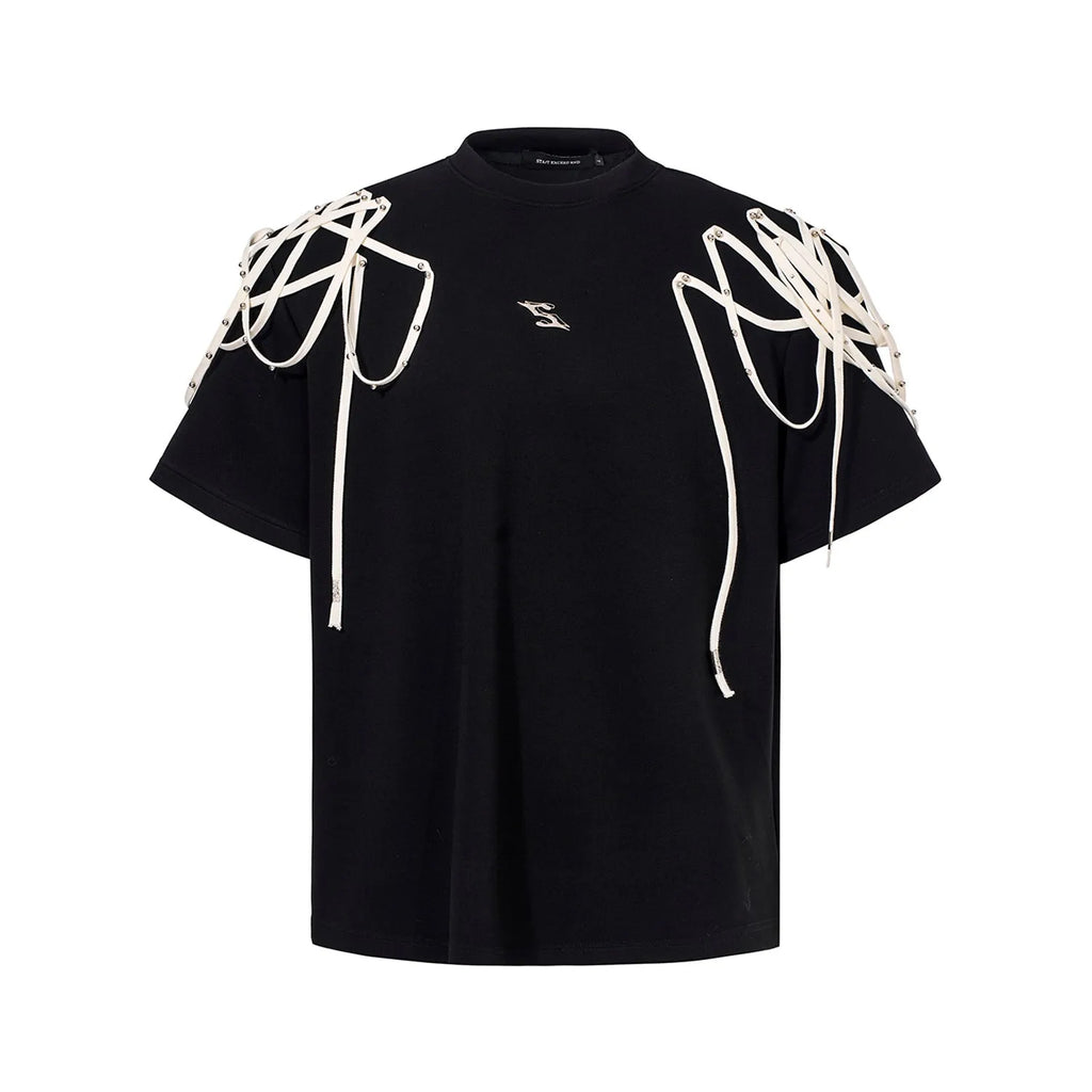 Black short-sleeved T-shirt with padded shoulders and rivet ribbon detail in loose fit style
