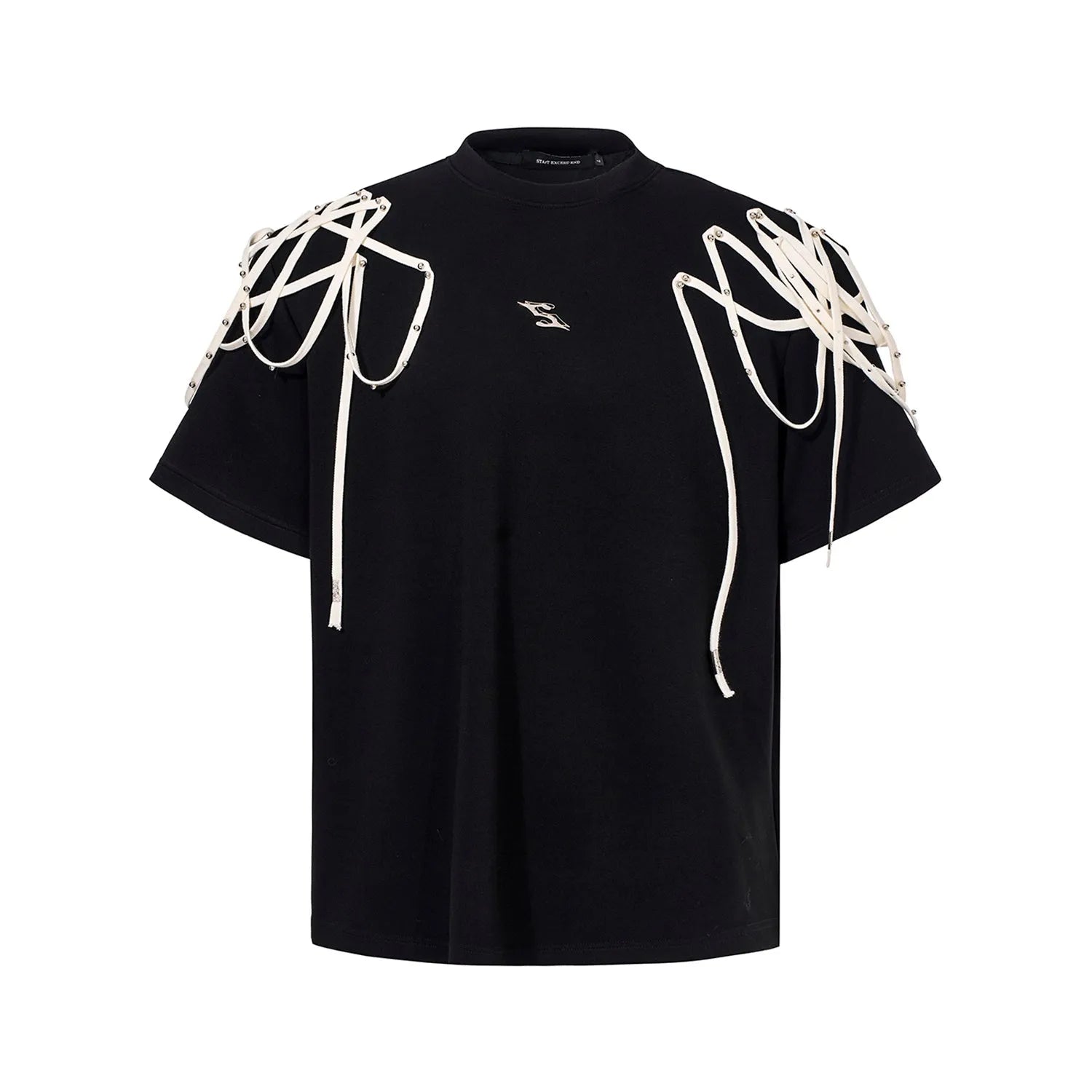 Black short-sleeved T-shirt with padded shoulders and rivet ribbon detail in loose fit style