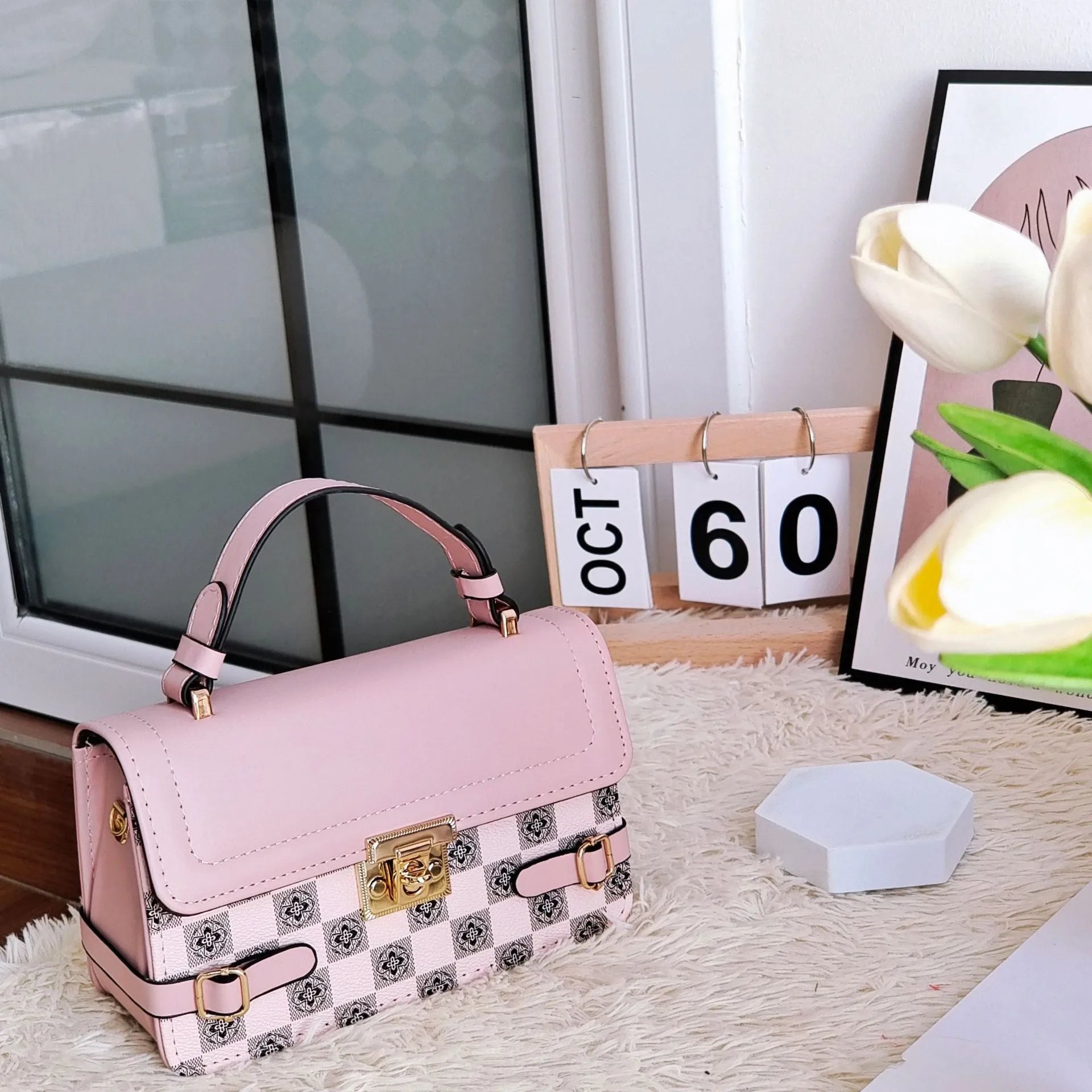 Retro square pattern crossbody bag in apricot colour with ethnic stitching and flower decoration