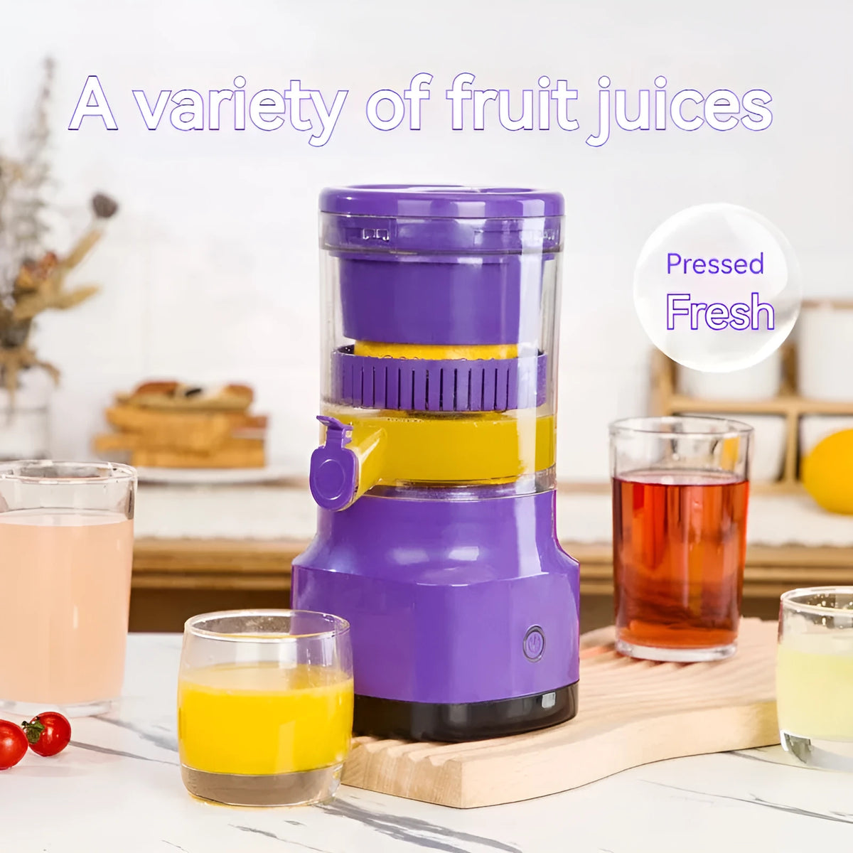 Purple USB rechargeable electric citrus juicer with cone and pulp filter, 2400mAh dual battery, 400ml capacity