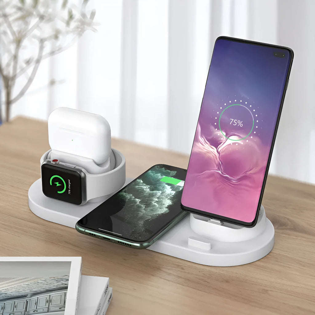 Black or white 6-in-1 wireless charging station holding phone with AirPods and watch charging