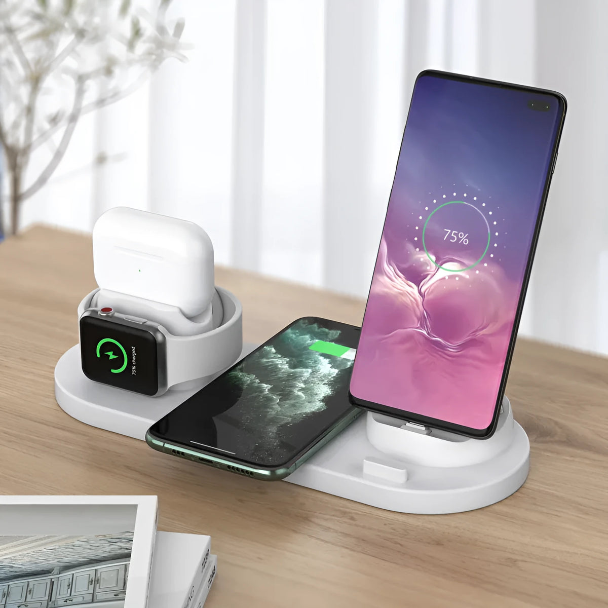 Black or white 6-in-1 wireless charging station holding phone with AirPods and watch charging
