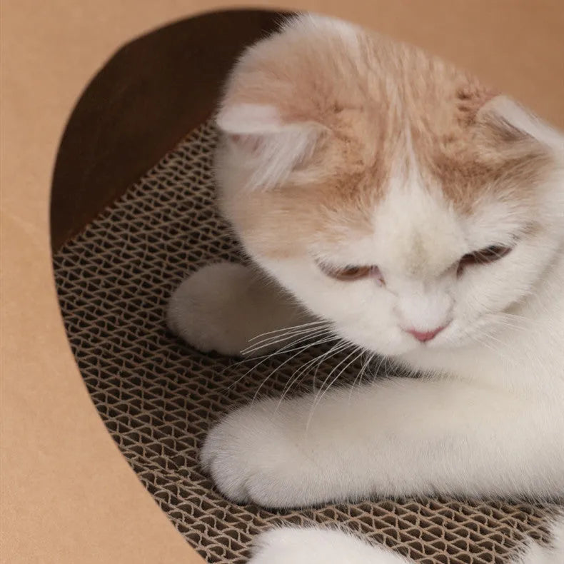 Brown kraft paper cat nest with integrated scratch board measuring 40cm wide by 53cm tall