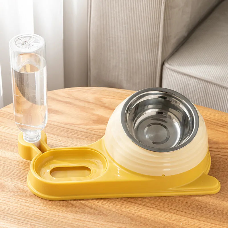 Brown cat food bowl with water dispenser bottle and elevated feeding station