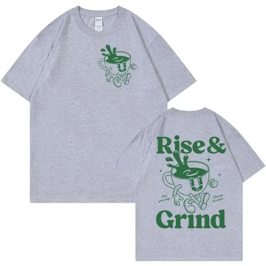 Men's loose linen t-shirt with green coffee cartoon design showing 'Rise and Grind' text