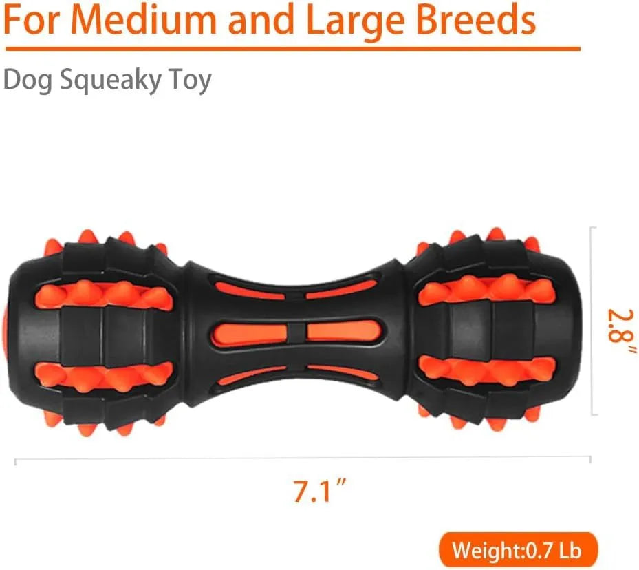 Red dumbbell-shaped rubber dog chew toy with textured surface for dental cleaning