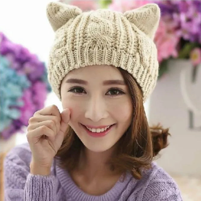Hand made 3D cat ear knitted wool beanie in winter colours