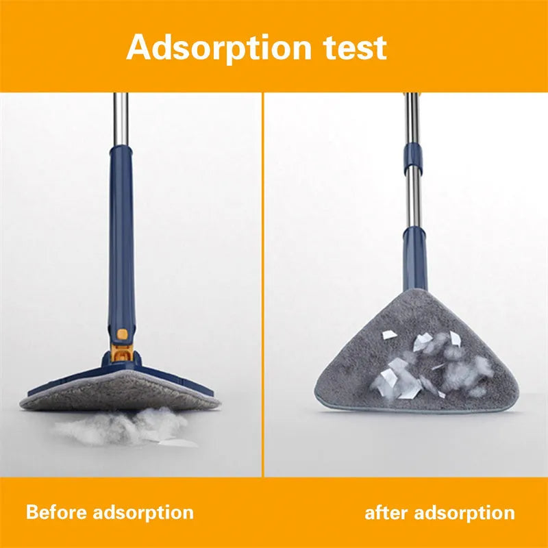 Blue triangle cleaning mop with rotating head and extendable stainless steel pole