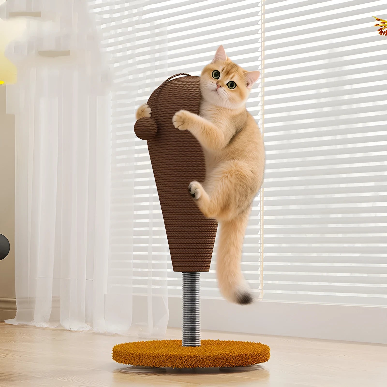 Hemp rope cat scratching post with feeding ball attachment in large and small sizes