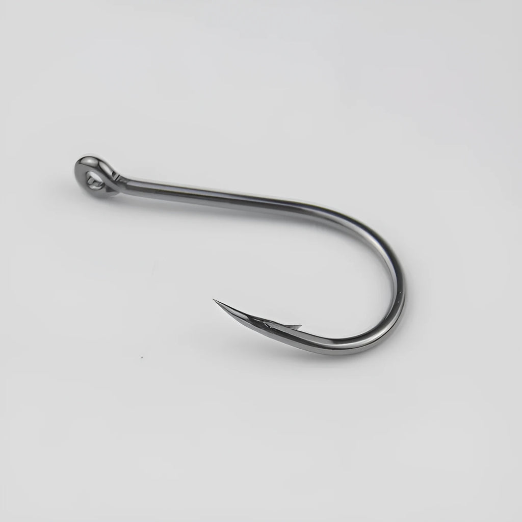 Barbed fishing hooks with crooked mouth, bulk pack for sea fishing, alloy carbon steel material.