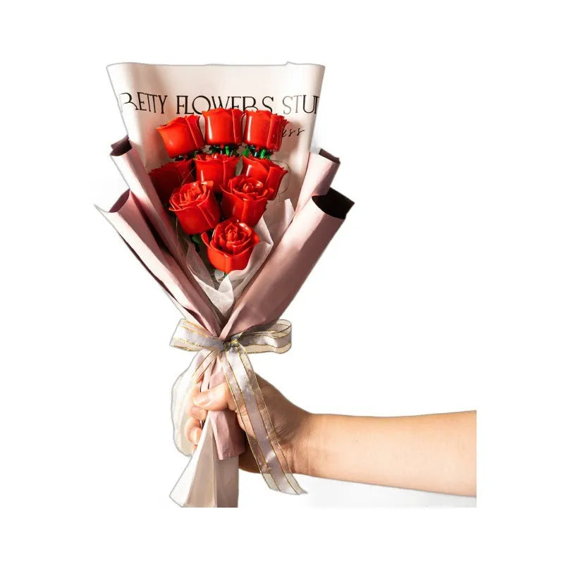 Plastic artificial rose bouquet building blocks in a colour box for children aged 4-6, with rose colour options