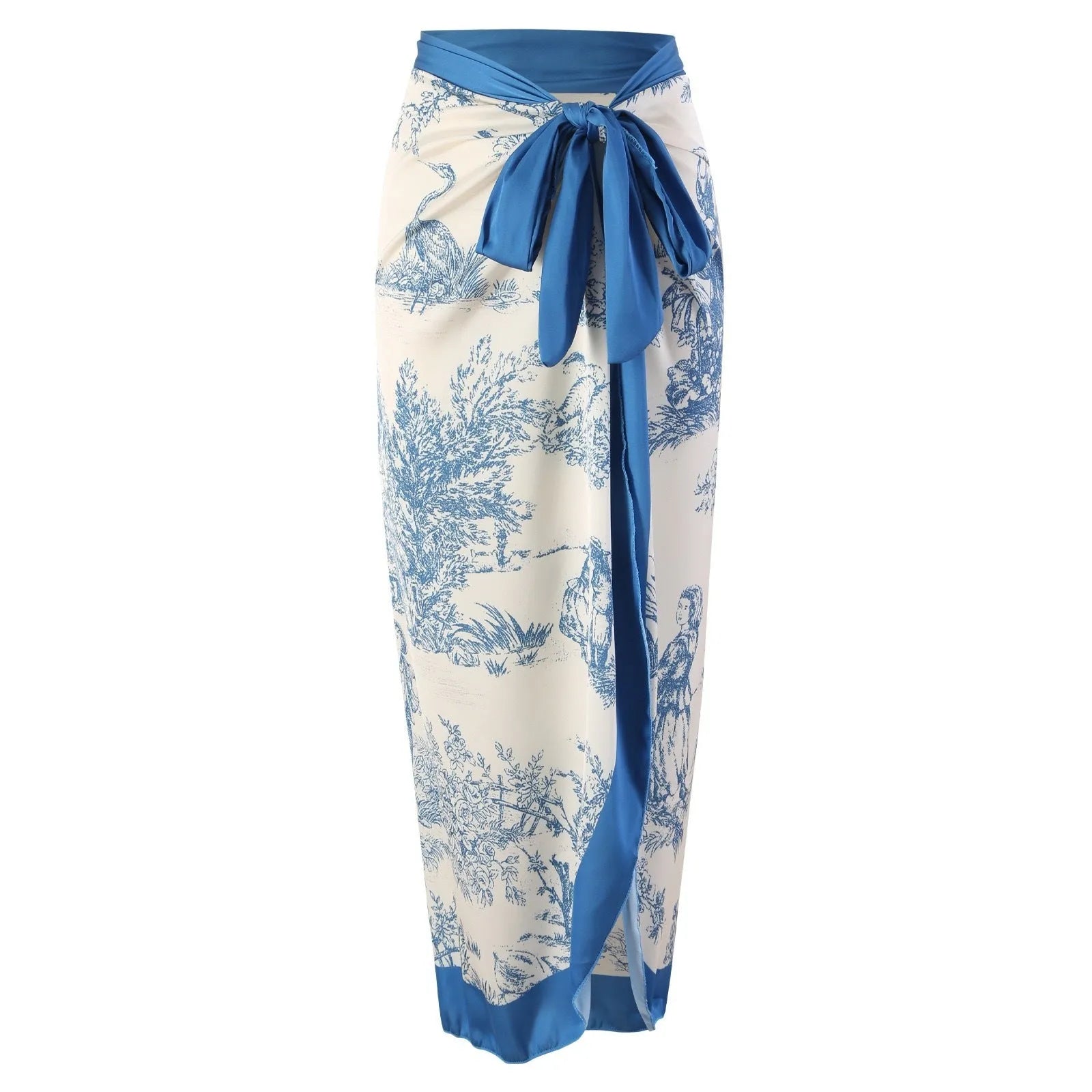 Women's patterned blue one-piece swimsuit with matching gauze skirt accessory