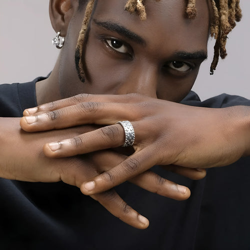 Adjustable sterling silver ring with a geometric pattern of five pointed stars on the band.