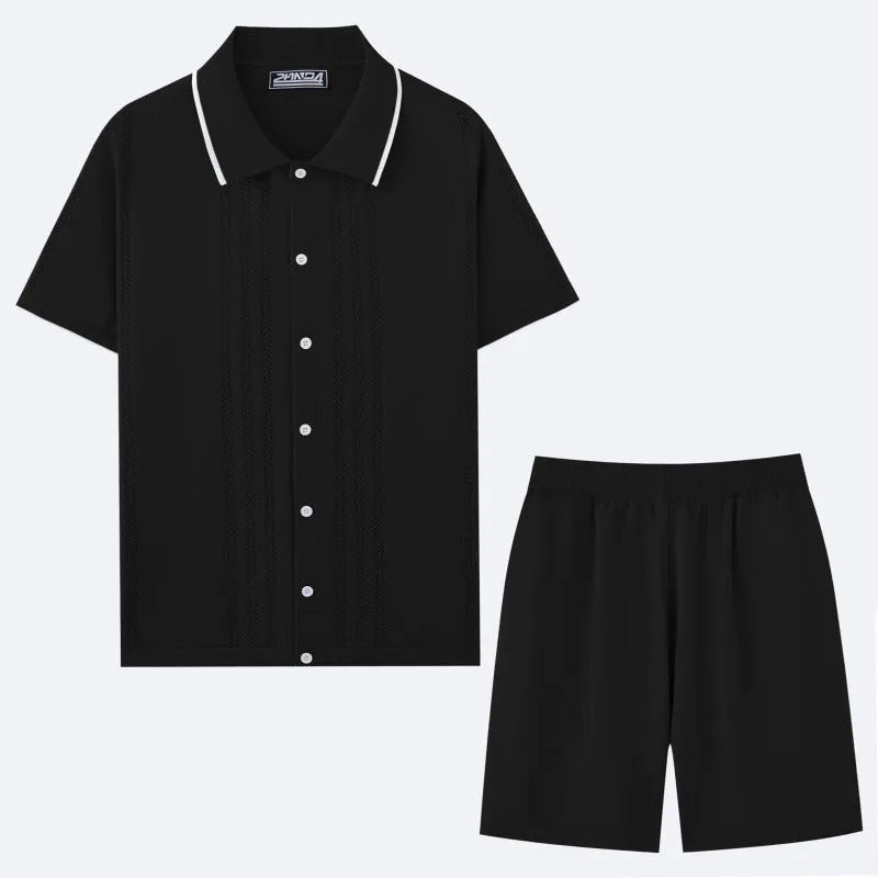 Business casual knitted two-piece set with short sleeve top and shorts in multiple colours