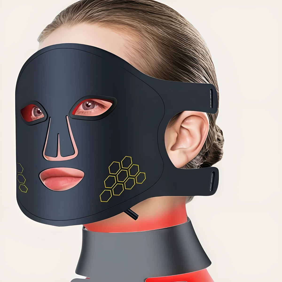 Black LED photon beauty mask showing light panels and neck extension for comprehensive skincare treatment