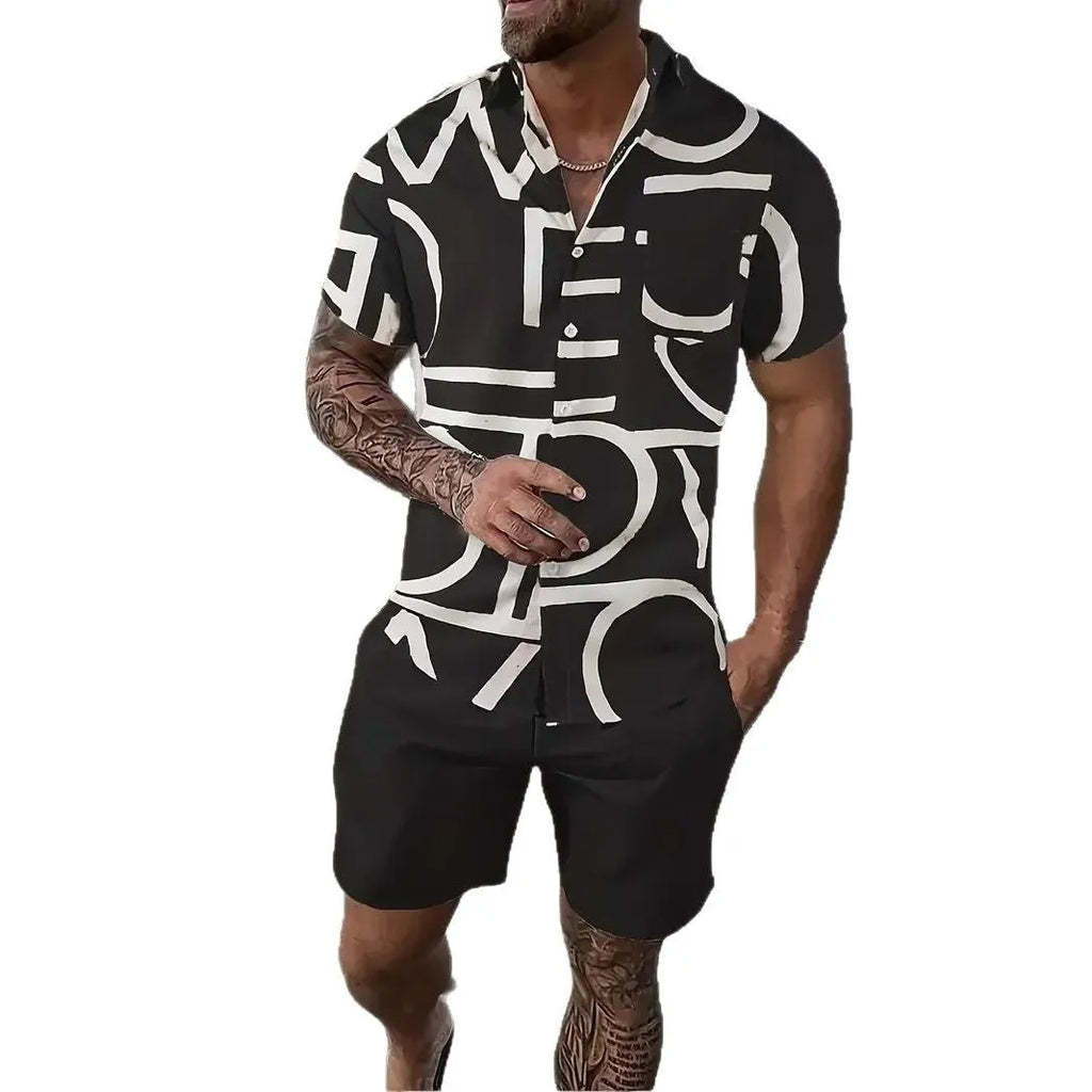 Man wearing a Hawaii-themed 3D printed short sleeve top and matching shorts leisure set.