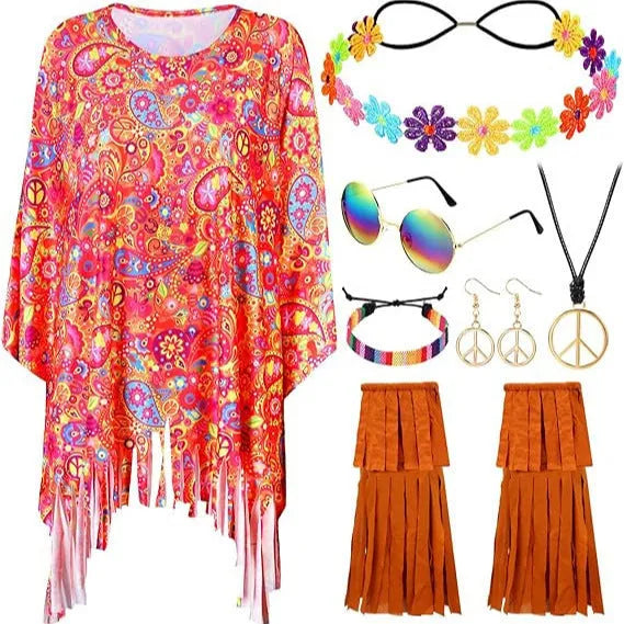 Colourful tie dye cloak costume with rainbow printing and bell sleeves for Halloween parties