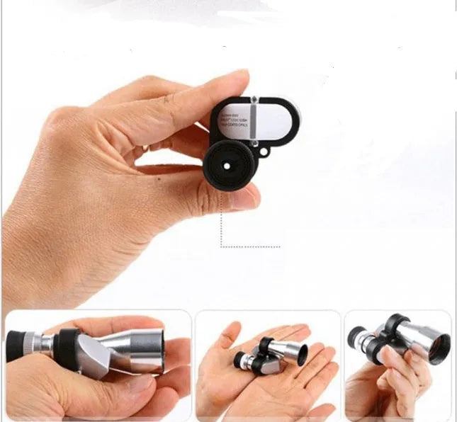 Compact aluminium alloy 8x20 monocular telescope with folded rubber eye cup on a canvas bag.