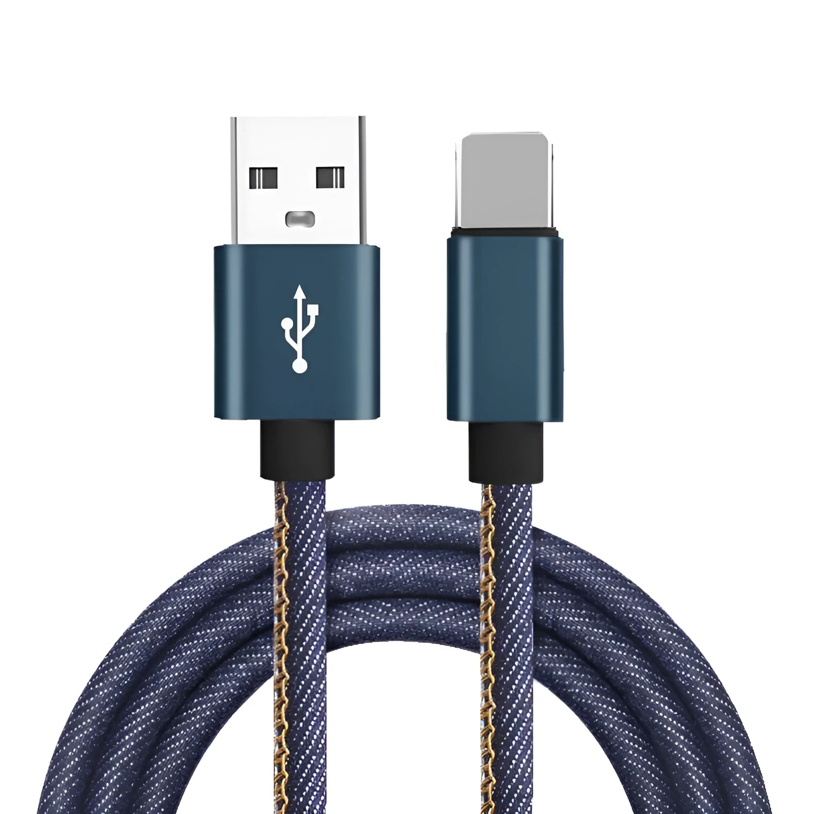 Close-up of a denim-braided USB-C cable with aluminium connectors in choice of colours.