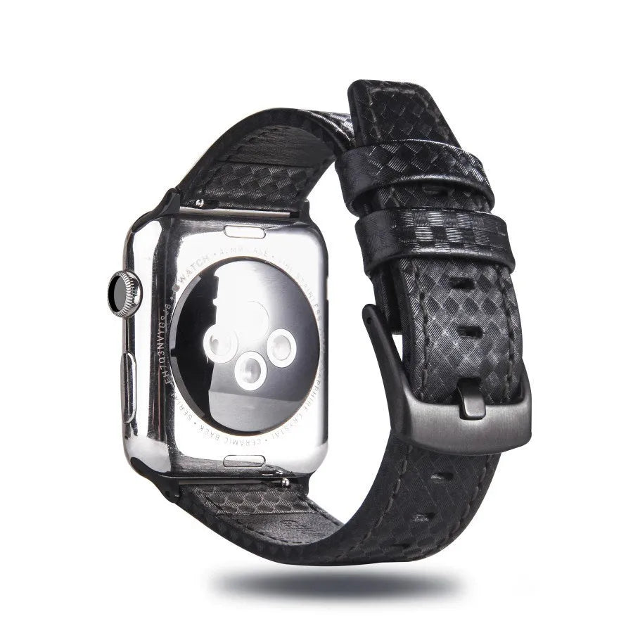 Leather Apple Watch strap with carbon fibre pattern in black, blue, orange, or red colours for 38mm 40mm or 42mm 44mm cases.