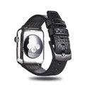 Leather Apple Watch strap with carbon fibre pattern in black, blue, orange, or red colours for 38mm 40mm or 42mm 44mm cases.
