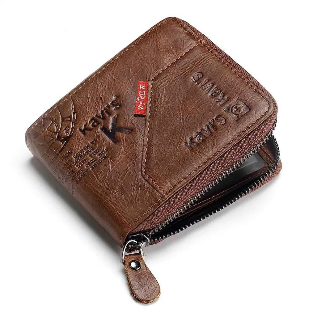 Coffee brown genuine leather men's wallet with zipper open showing multiple internal card slots and compartments.