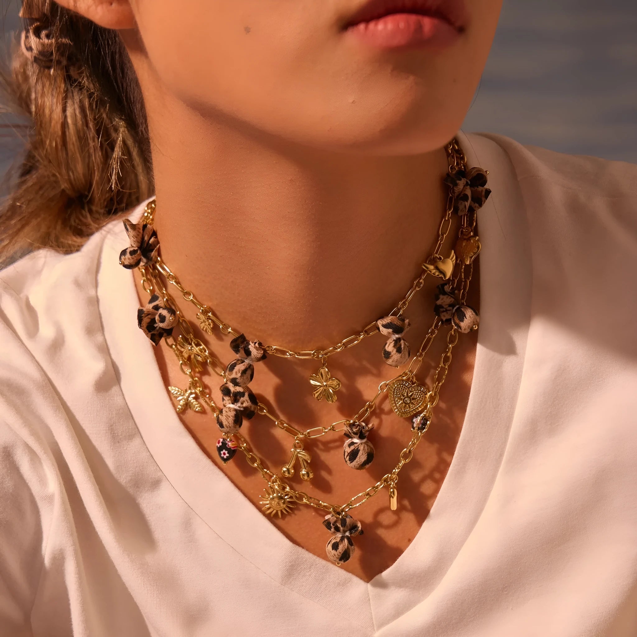 Stainless steel necklace with gold electroplated leopard pendant featuring love heart flowers on geometric design