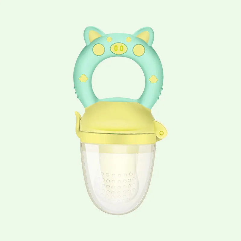 Silicone baby teether in blue, green, and pink colours with mouthpiece design options
