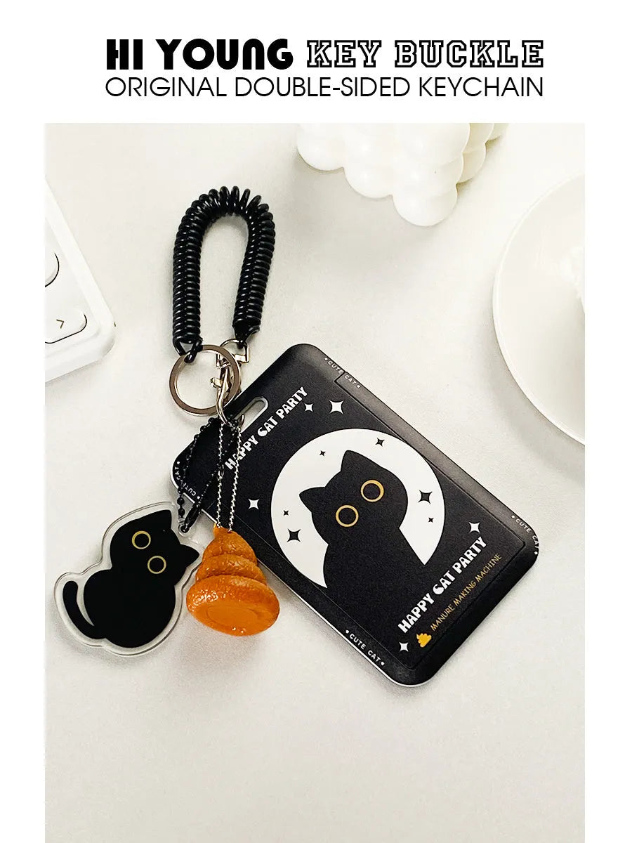Cartoon black cat design plastic card holder with ferrule pendant for transport and ID cards